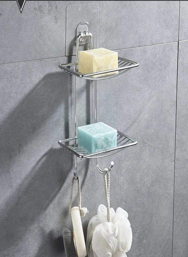 WENGTY Wall Mounted Double Layer soap Dish Holder & Dispensers, Self-Adhesive Stainless Steel Waterproof Kitchen Bathroom Soaps Storage Rack with Hook for Home (Standard Material) - Image 1